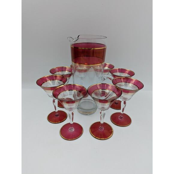West Virginia Glass Ruby Red Gold Martini Cocktail Pitcher and 8 Cordial Glasses - Picture 3 of 16